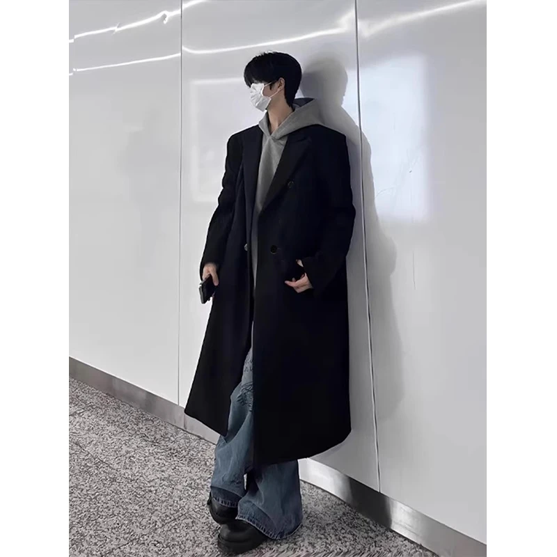 韩系氛围感穿搭黑色毛呢大衣男中长款秋冬款高级感英伦风风衣外套