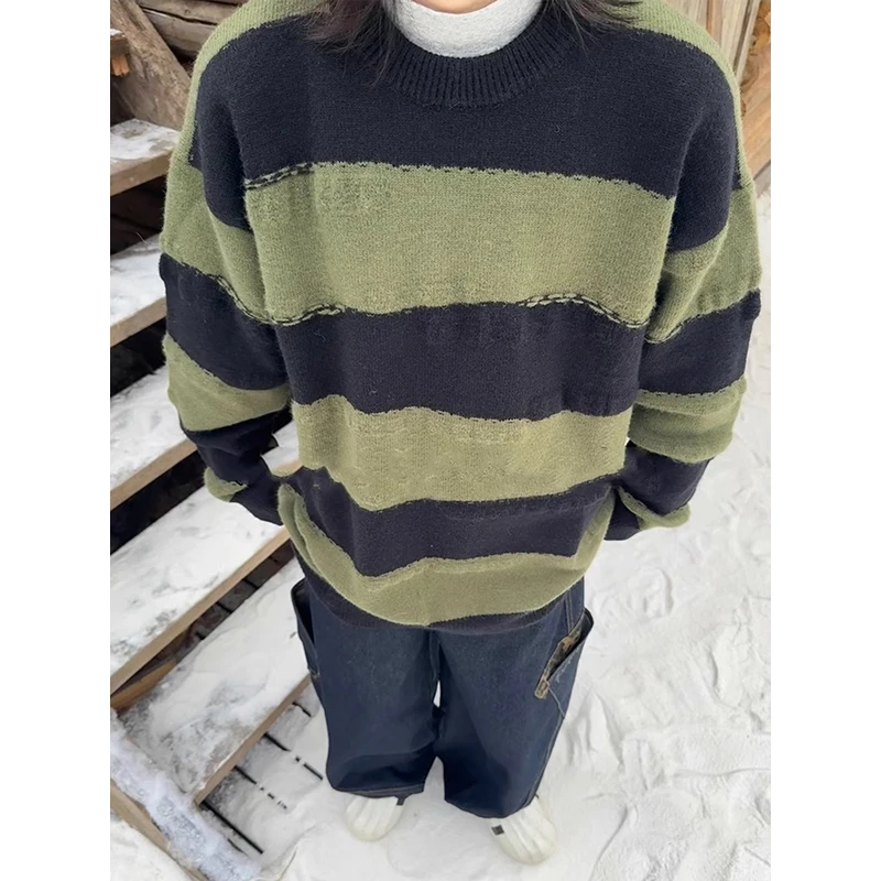 欧美hiphop条纹撞色毛衣男生秋冬款美式复古针织衫慵懒风潮牌外套