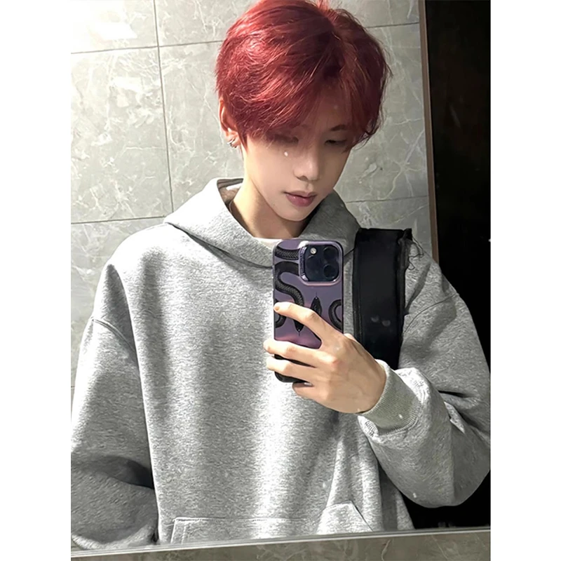 K总同款浅灰色卫衣男加绒秋冬连帽内搭美式重磅硬挺cleanfit外套