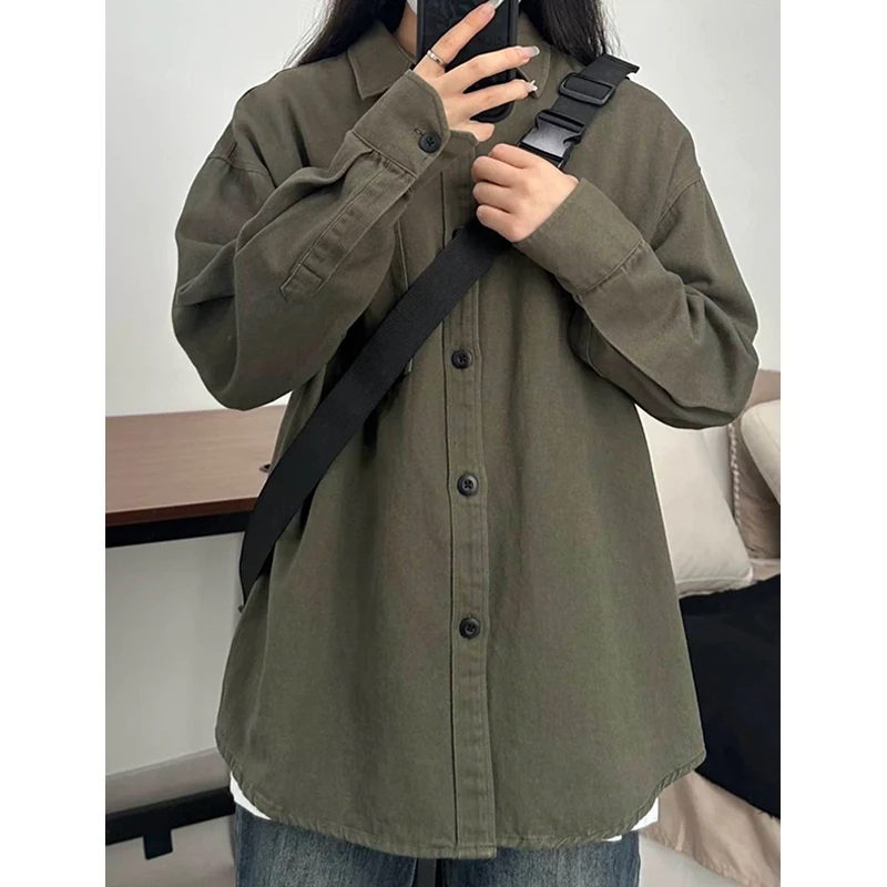日系复古军绿色工装长袖衬衫男秋季痞帅潮牌休闲纯棉内搭衬衣外套