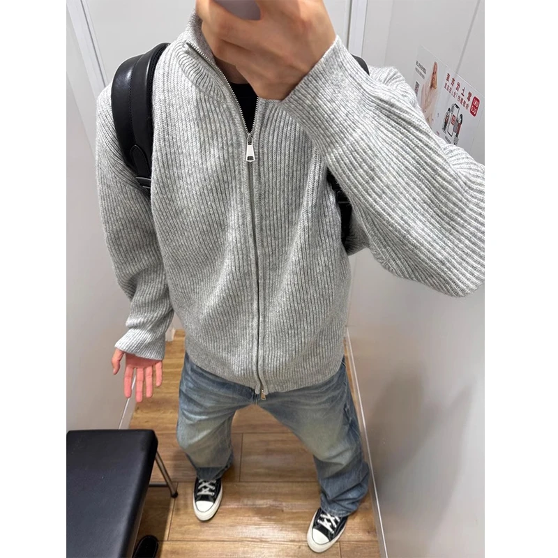 灰色立领拉链开衫毛衣男春秋美式潮牌慵懒风高级感cleanfit针织衫