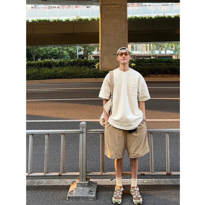 卡其色速干短裤男夏季薄款美式复古vibe冰丝裤宽松直筒阔腿五分裤