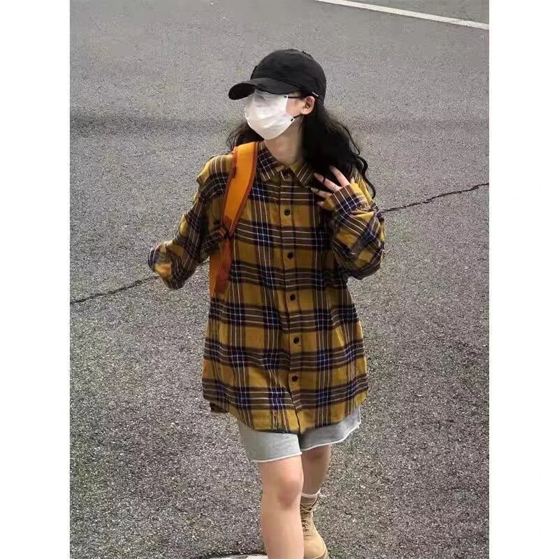 黄色格子衬衫男长袖高级感潮牌休闲叠穿内搭磨毛衬衣vintage外套