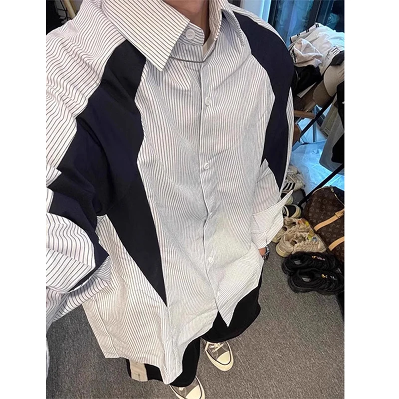 日系cityboy蓝白条纹衬衫男春秋季美式复古解构拼接长袖情侣衬衣