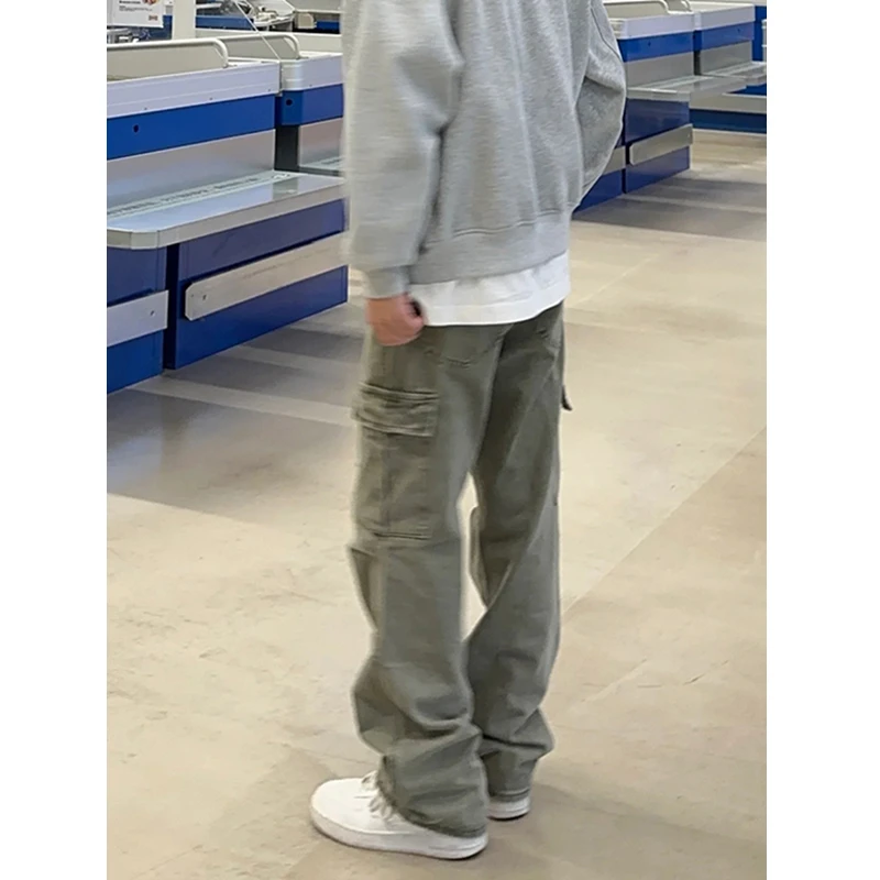 绿色直筒牛仔裤男春秋款美式高街男生复古伐木工装裤痞帅直筒裤子