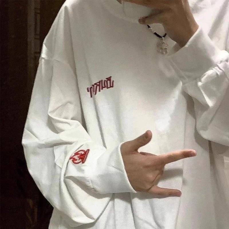 美式高街小火苗刺绣长袖t恤男秋冬小领口卫衣收袖口火焰打底上衣