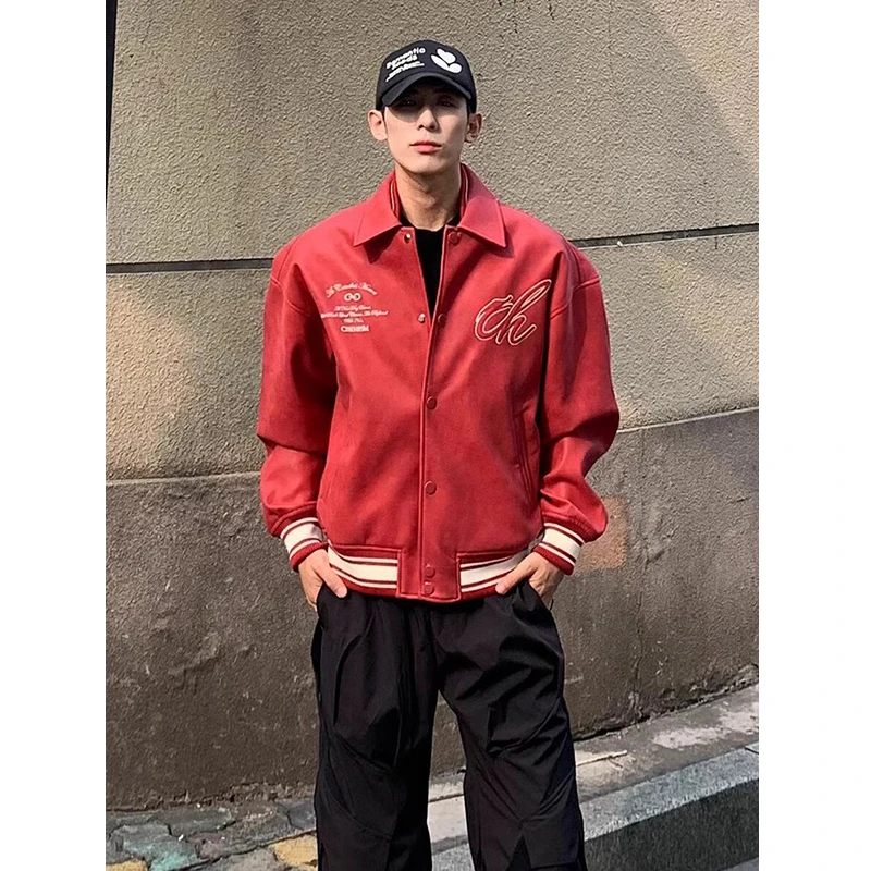 酒红色复古翻领pu皮夹克男秋冬美式潮牌高级感机车外套休闲棒球服