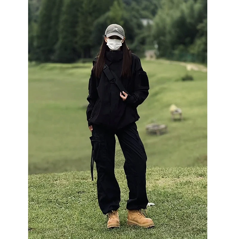 黑色登山工装裤男女春夏美式冲锋衣搭配的裤子户外防水爬山休闲裤