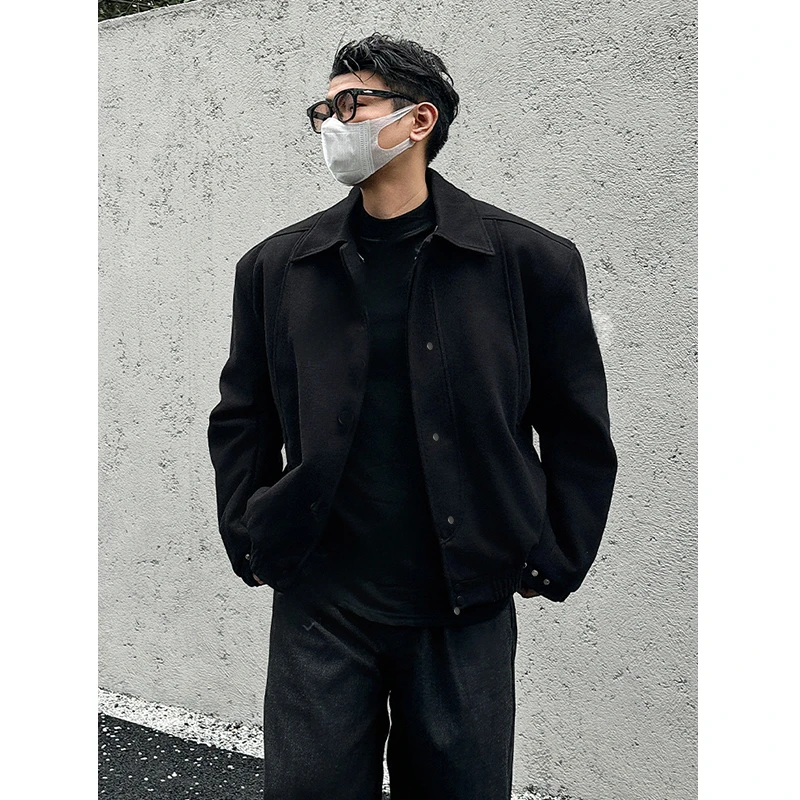 高级感痞帅男士黑色翻领毛呢外套秋冬季新款美式成熟稳重男装夹克