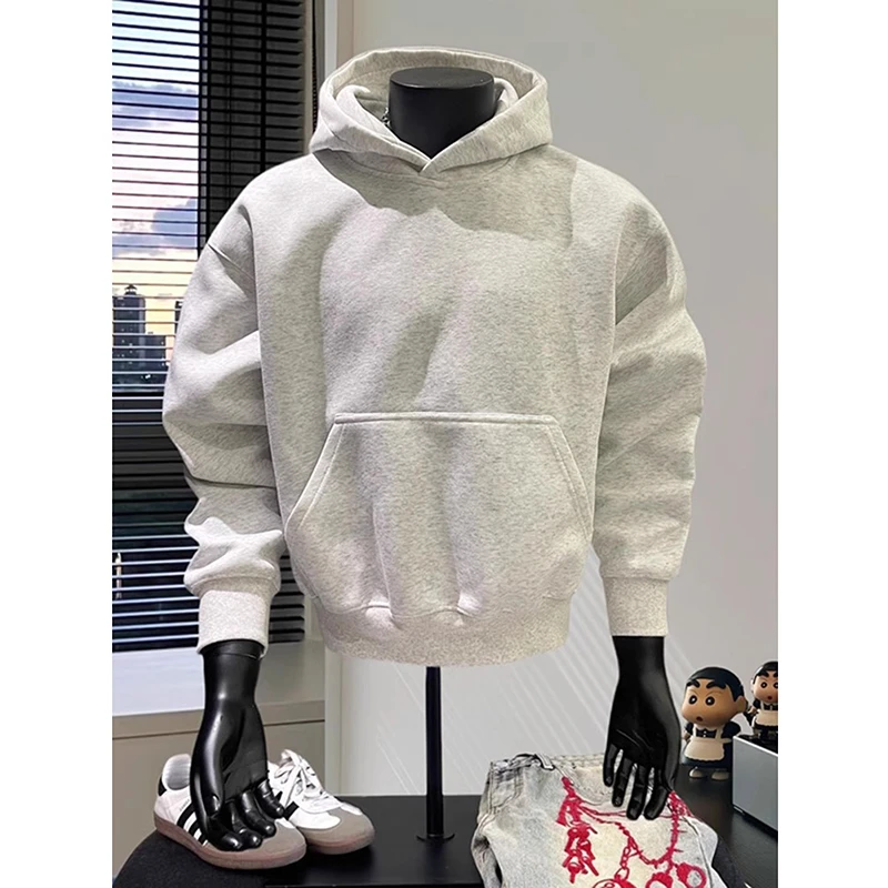 白灰色重磅硬挺连帽卫衣男款秋冬季潮牌美式加绒cleanfit帽衫外套