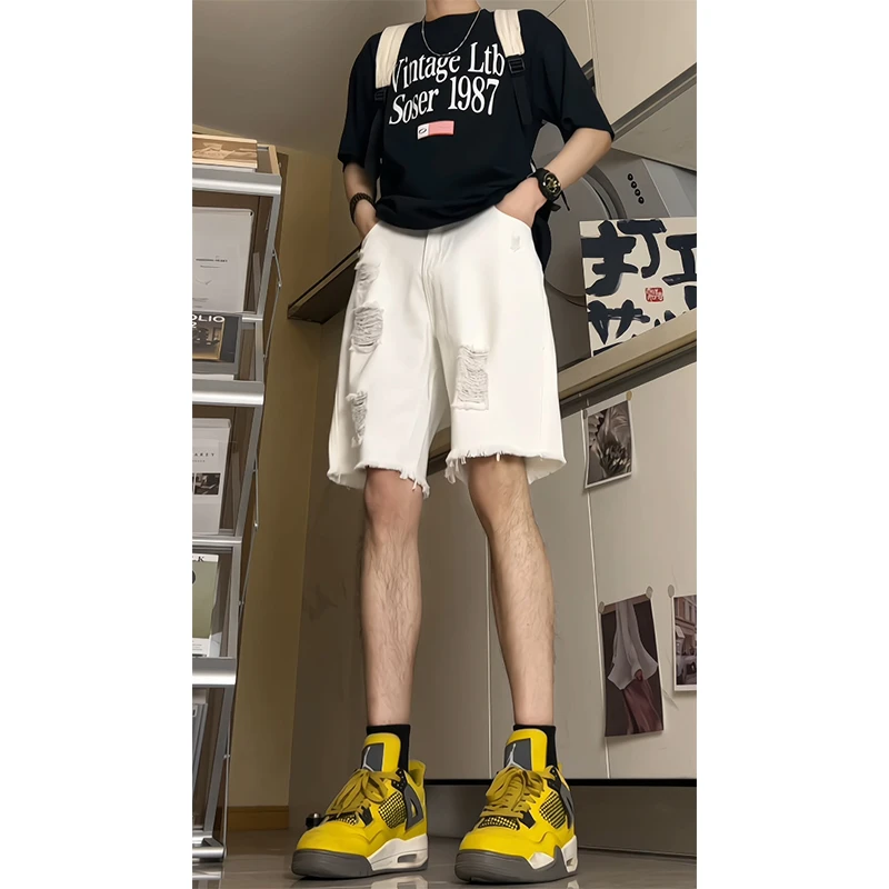白色破洞牛仔短裤男潮牌高级感夏季美式高街vibe裤子过膝五分中裤