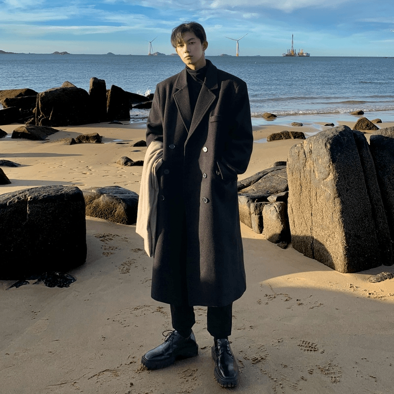 黑色赫本风毛呢大衣男士秋冬季中长款外套高级感痞帅加厚呢子风衣
