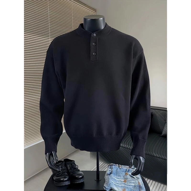 黑色cleanfit亨利领毛衣男生秋冬款加厚慵懒高级感套头针织打底衫