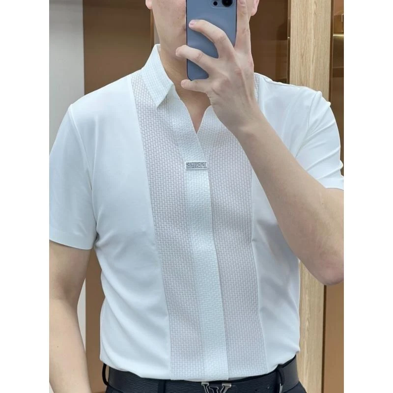 2024夏季轻奢潮流拼接时尚短袖衬衫男商务气质休闲修身半袖t恤