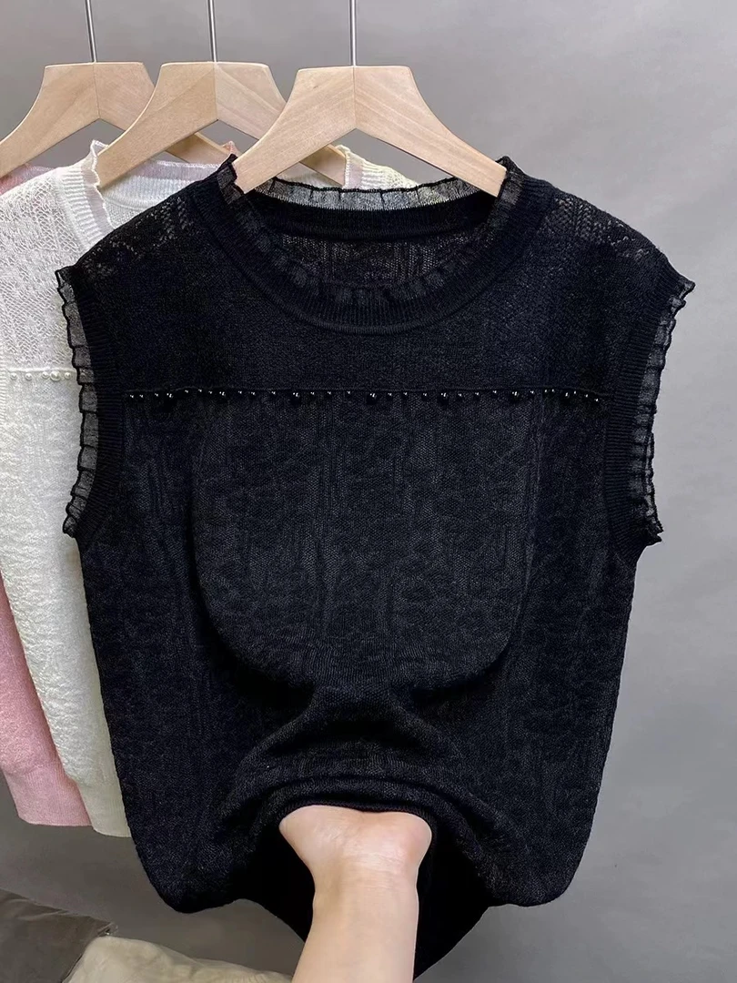 新款半高领针织女士春夏无袖毛衫休闲纯色韩打底套头毛衣洋气