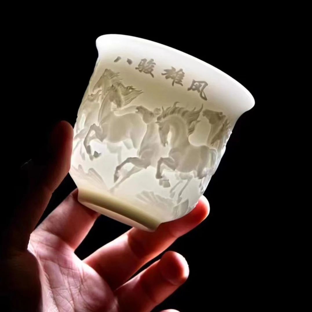 八骏雄风白瓷品茗杯主人杯单杯大号浮雕杯礼品杯