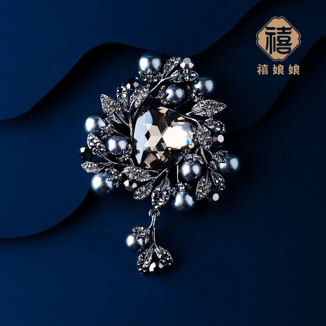 铜合金仿水晶胸针 禧娘娘重工大衣西装胸针-寻觅黑色S1826