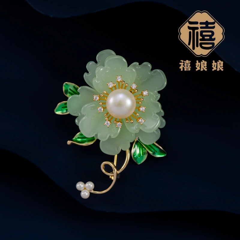 铜合金仿水晶胸针 禧娘娘经典时尚轻奢高档胸针-绿牡丹J1914