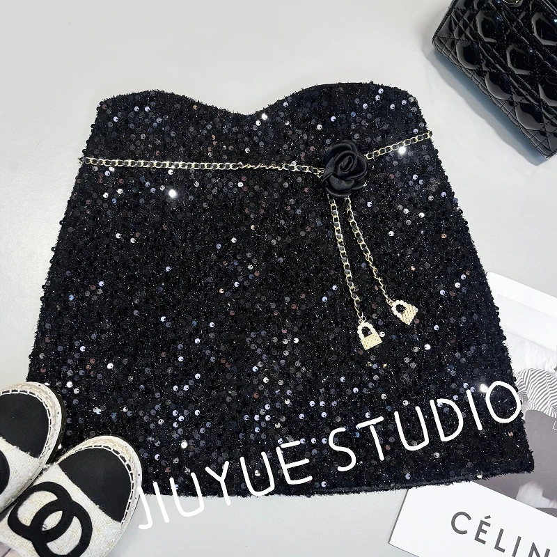 秋冬新款网红黑色精致气质高腰半身裙百搭亮片小个子短裙Z2056