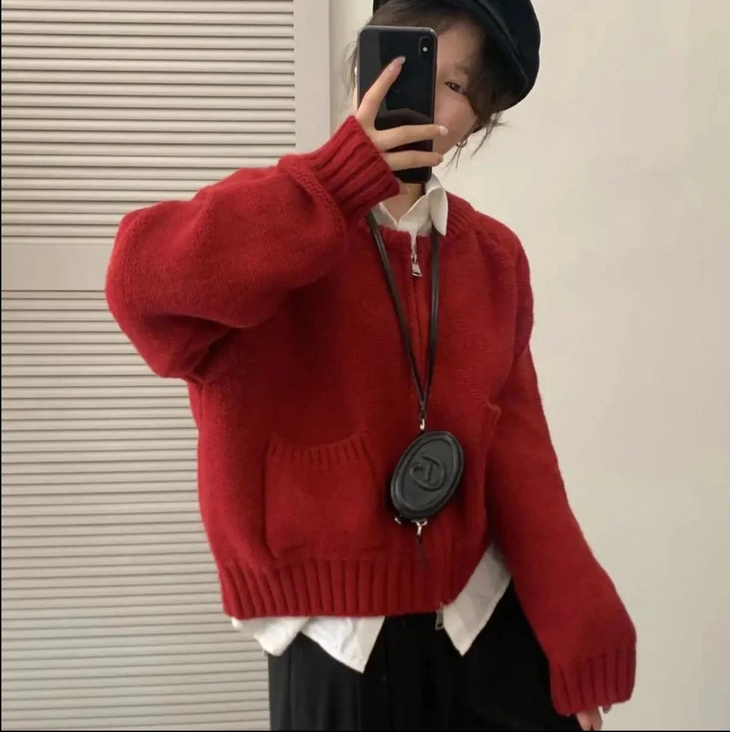 清-玲姐家秋季宽松针织开衫女慵懒风双口袋圆领拉链毛衣332704