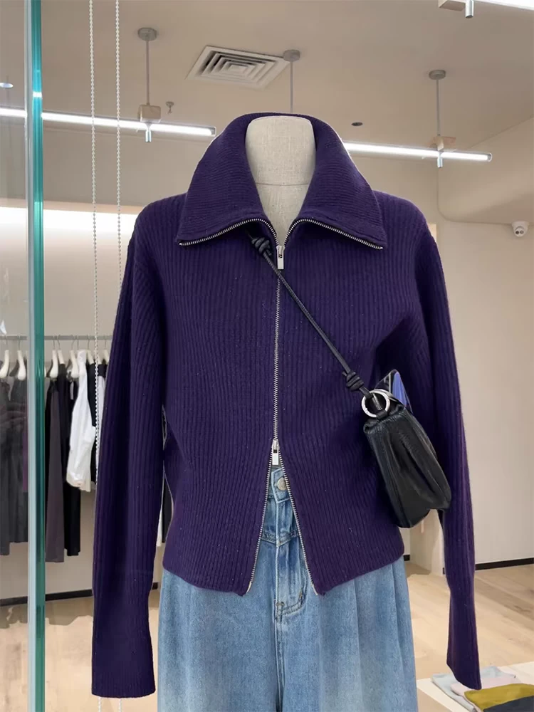 清-玲姐家翻领软糯紫色优雅减龄双拉链针织开衫303382