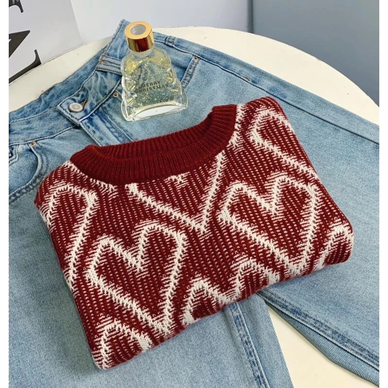 清-玲姐家酒红色显瘦圆领爱心针织毛衣241589