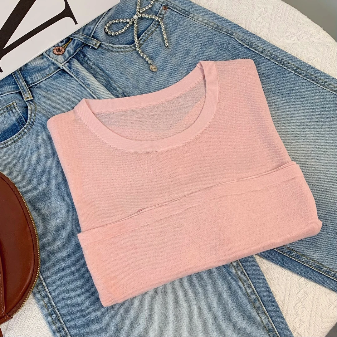 清-玲姐家泡沫粉休闲圆领套头字母款针织短袖162946