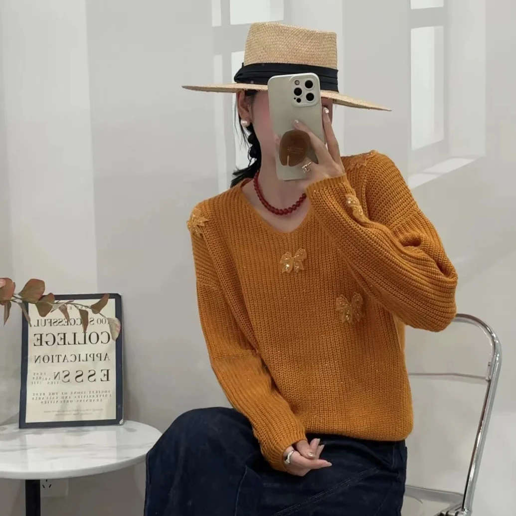 清-玲姐家秋冬新款设计感减龄V领镂空针织立体蝴蝶结毛衣243120