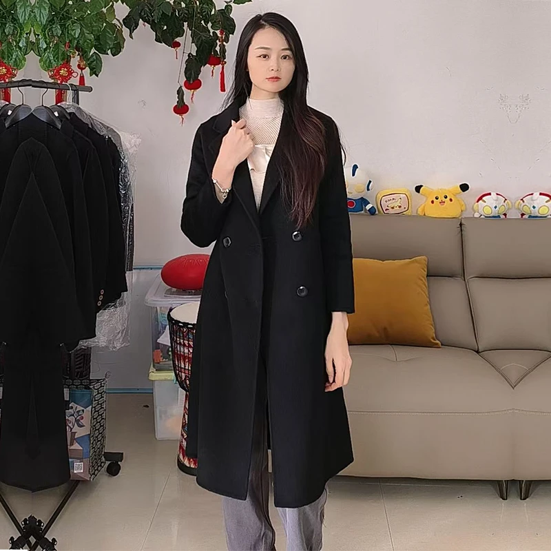 呢子大衣女2024新款秋冬赫本风双面羊绒中长款过膝高级感黑色外套