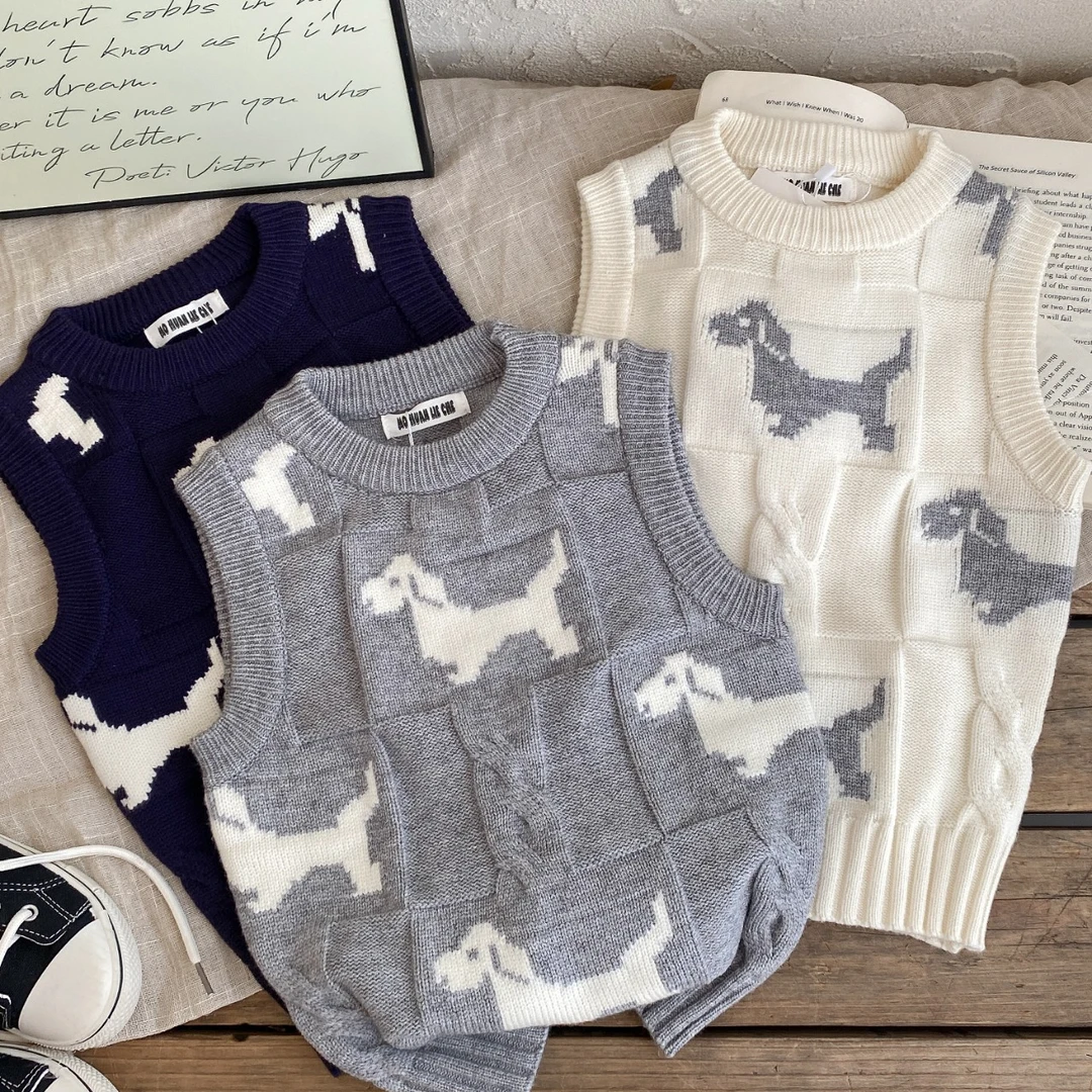 24089-过年小狗童针织背心潮流小狗加厚马甲冬款儿童无袖套头上衣