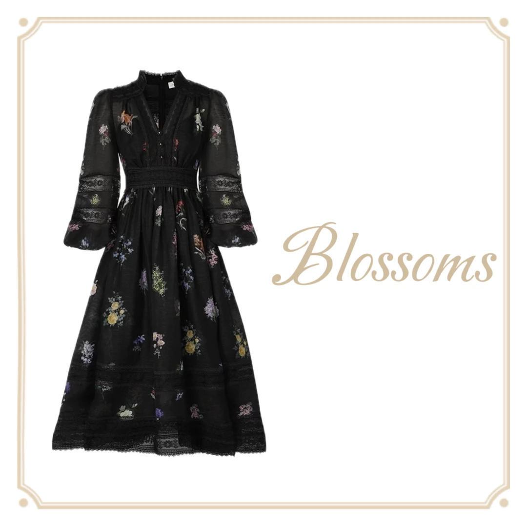 B1063小V领蕾丝印花镂空黑色两件套长袖女装连衣裙长款秋冬重工