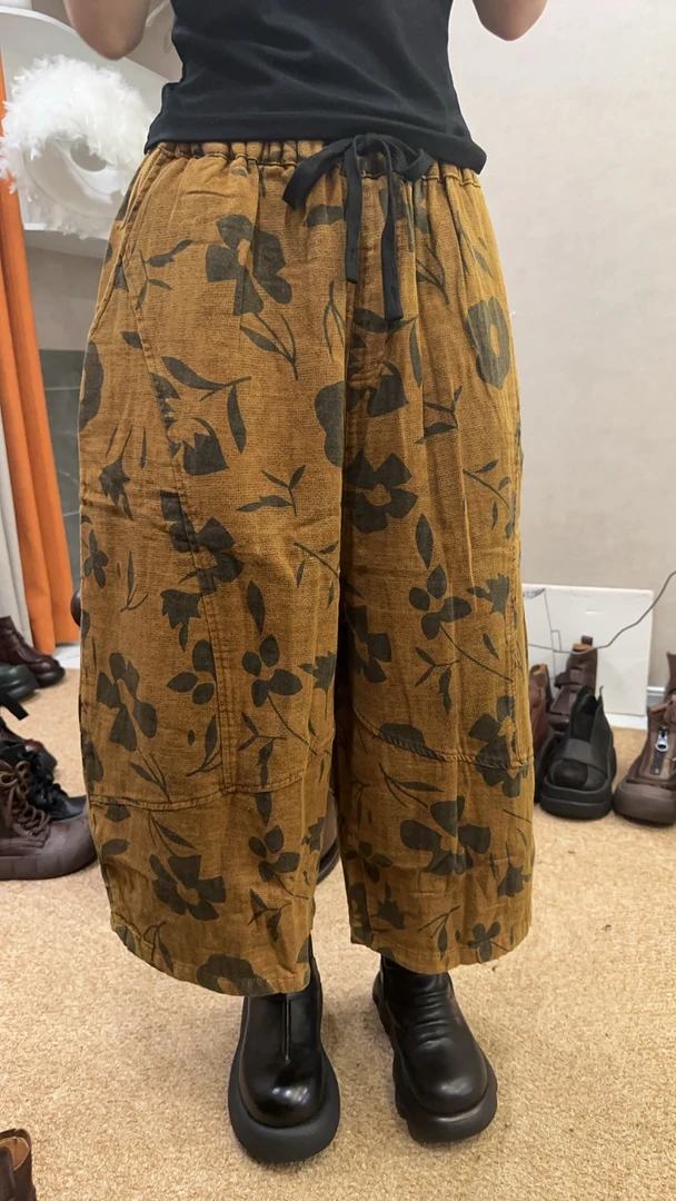 文艺复古中式民族风条纹休闲裤女秋冬通勤高腰系带百搭九分哈伦裤