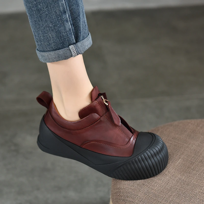 王蜜儿计感包头休闲女鞋前拉链低帮单鞋真皮厚底板鞋2024秋季新款