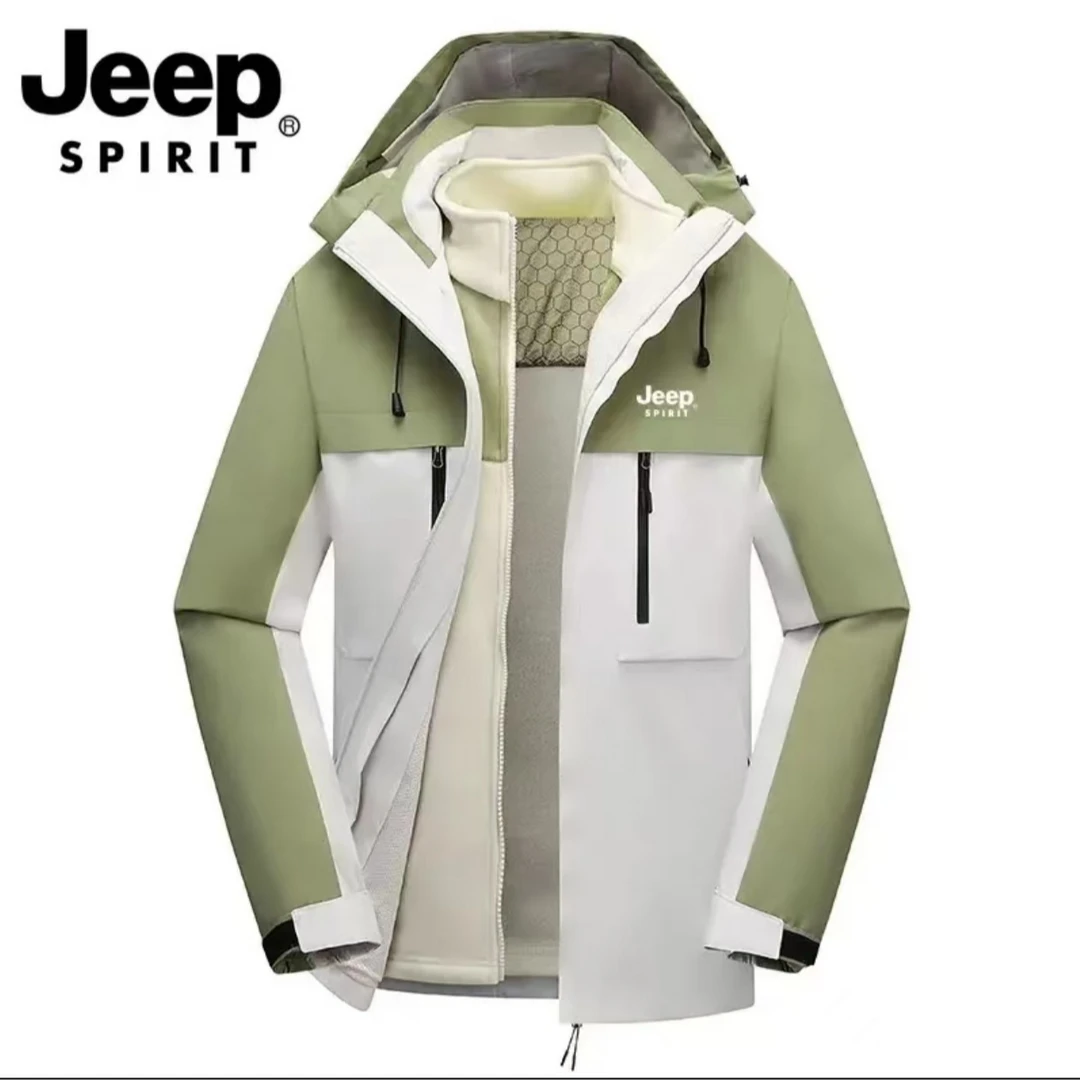 JEEPSPIRIT冲锋衣男三合一可拆卸防内胆加绒加厚防风外套登山服