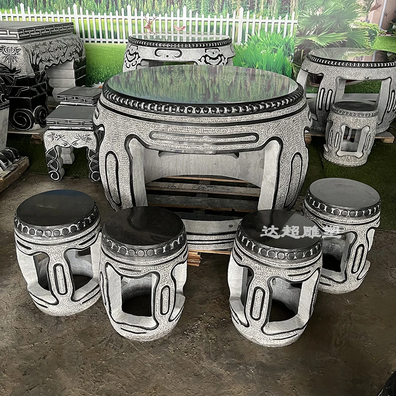 仿古青石圆鼓桌子花园中式休闲茶桌石桌石凳庭院一套