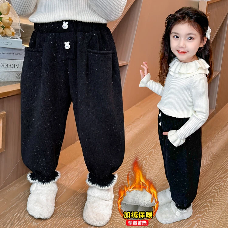 女童加绒裤子秋冬季2024新款洋气儿童灯芯绒宝宝加厚卫裤外穿冬装