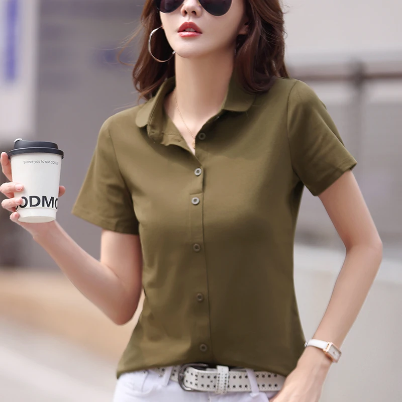 纯棉polo衫t恤女夏季新款翻领短袖宽松洋气减龄大码有领纽扣上衣