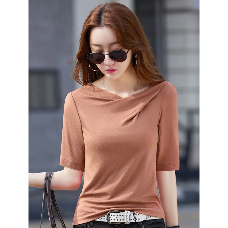 莫代尔棉中袖t恤衫女士夏季新款压褶V领纯色修身洋气短袖百搭上衣