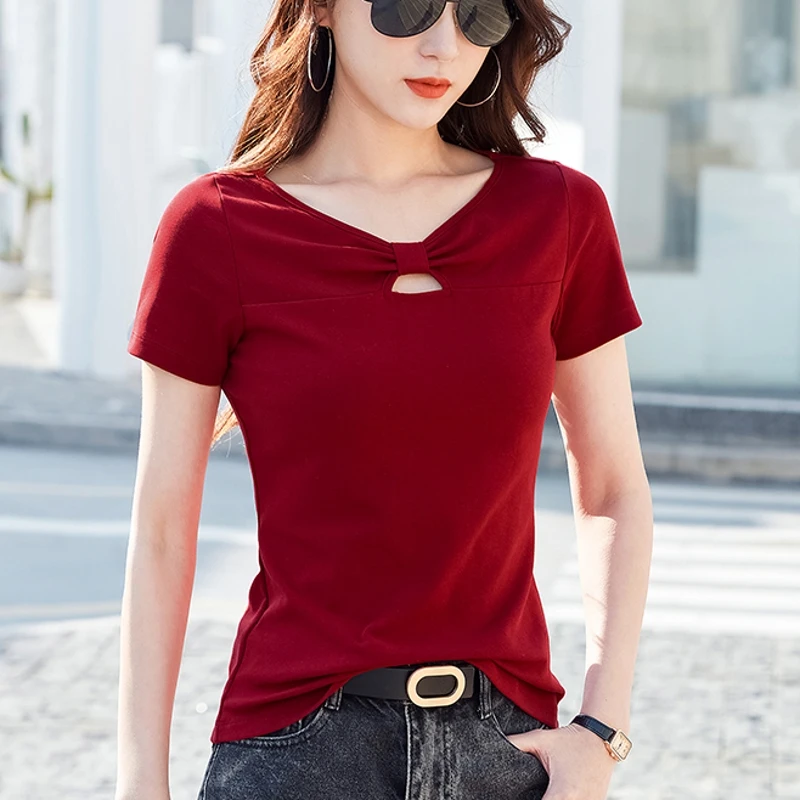 纯棉短袖t恤女2023夏季新款蝴蝶结镂空设计感修身体桖衫纯色上衣