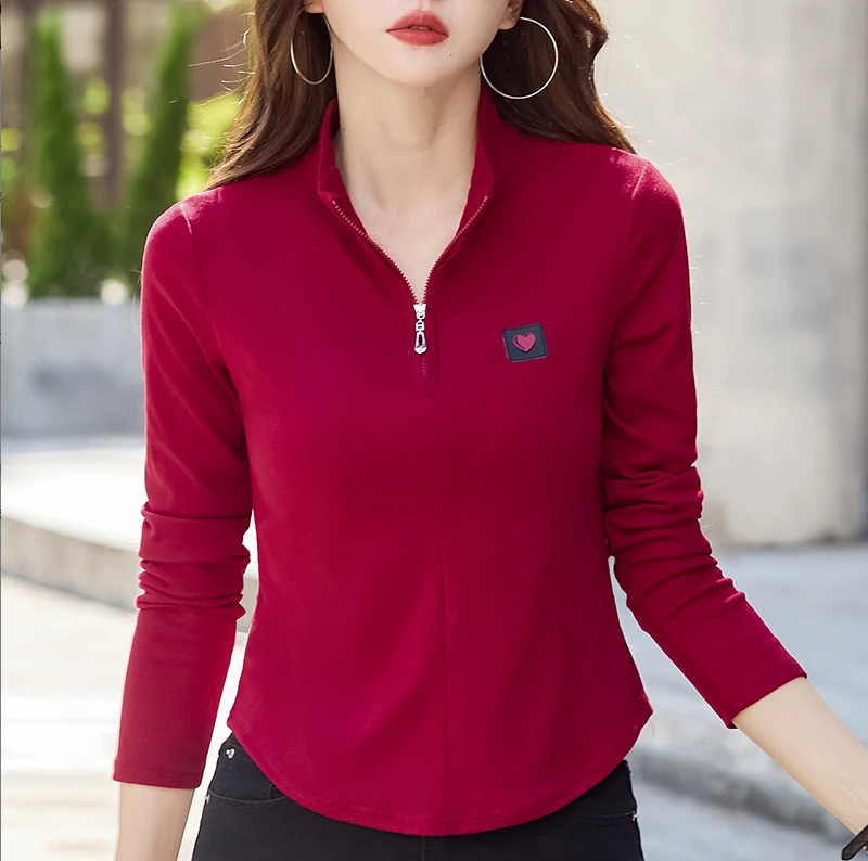 95棉大红色半高领拉链打底衫女秋冬新款加厚洋气内搭百搭长袖上衣