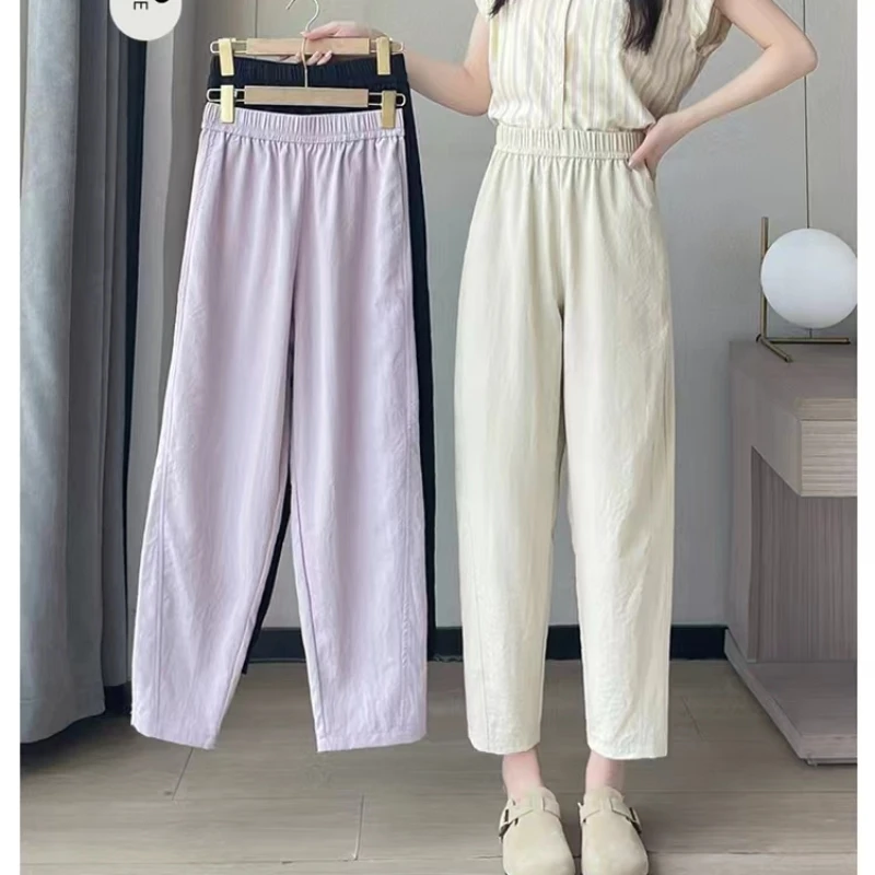 12夏季紫色冰丝薄款萝卜裤13初高中学生岁女孩宽松九分裤直筒裤16