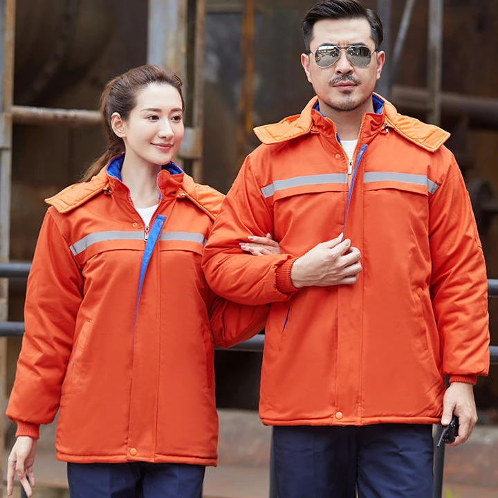 冬季工作服定制一体加厚棉衣袄连帽涤棉耐磨双色反光条绣字印logo