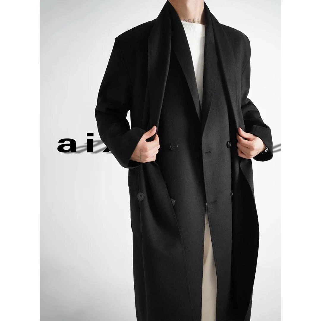 秋冬季超长过膝毛呢大衣男cleanfit双领假两件外套情侣中长款风衣