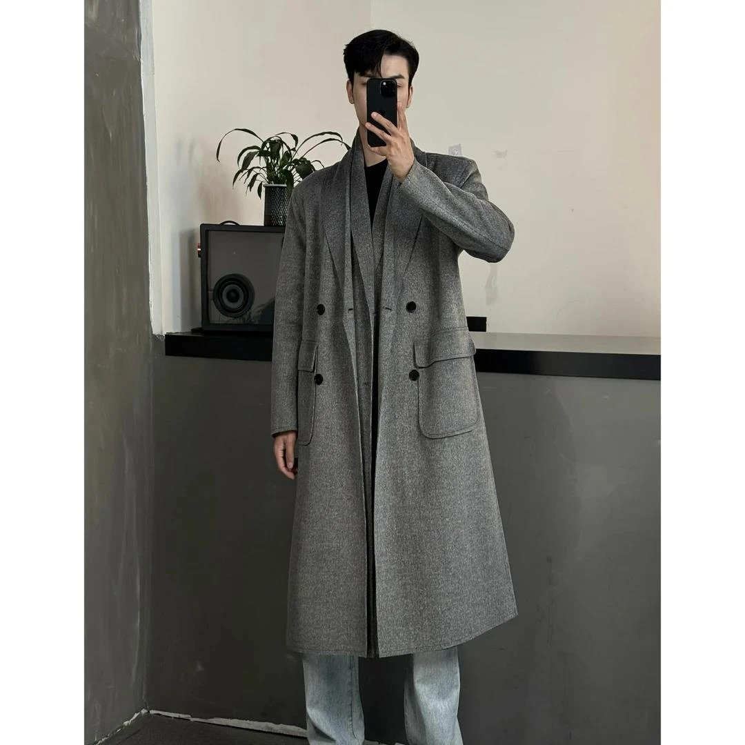 假两件叠穿双领中长款大衣男高级感英伦风轻奢外套超长过膝风衣潮
