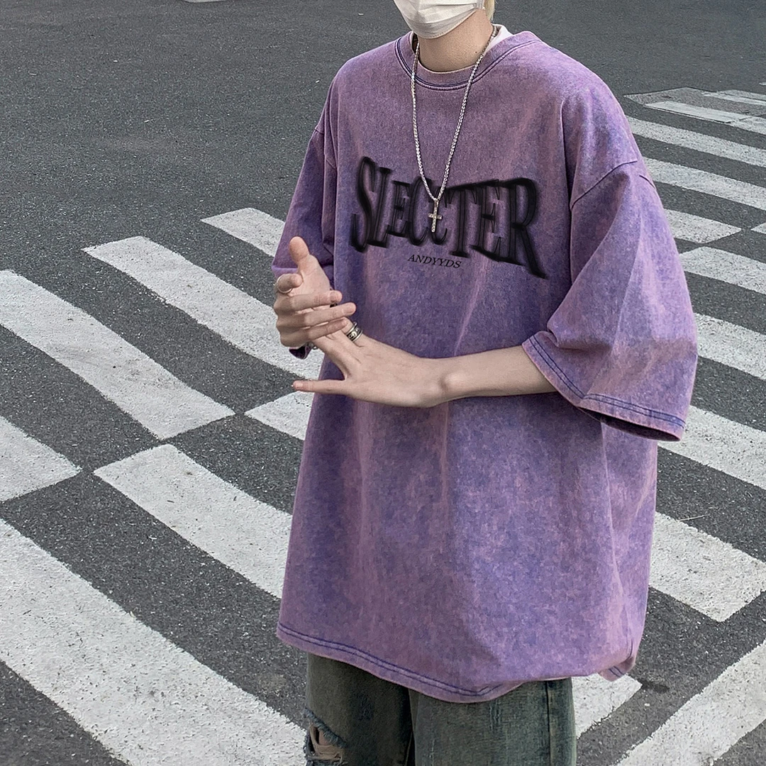 美式重磅水洗做旧T恤男士欧美字母印花潮牌高街夏季嘻哈半袖上衣