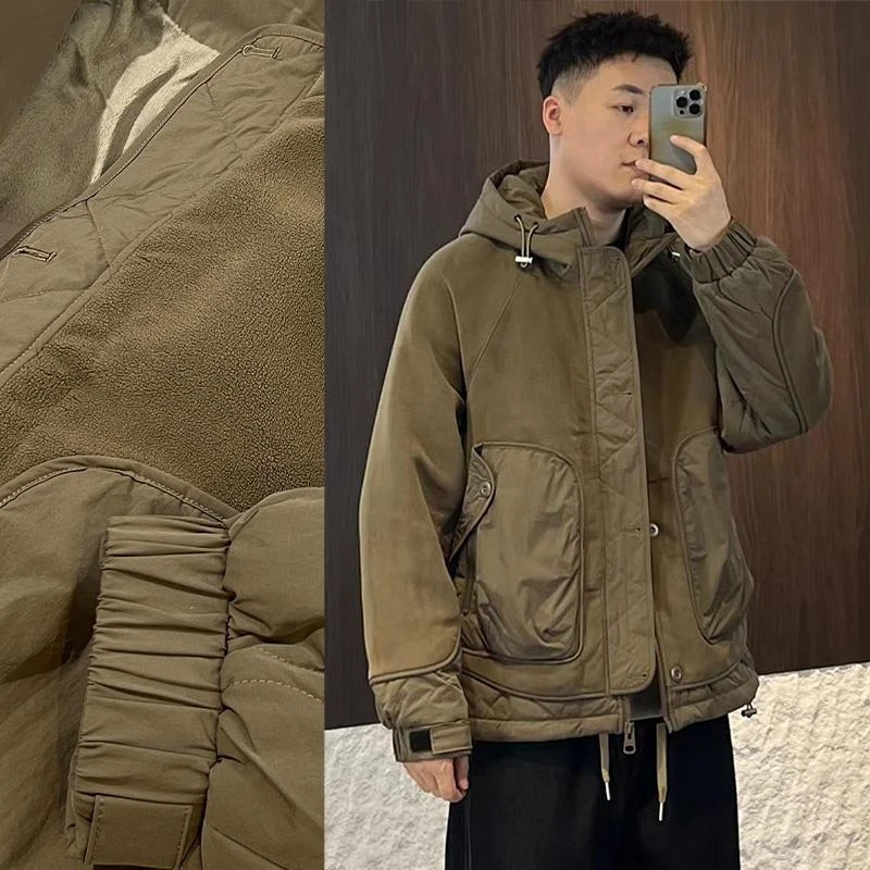 羊羔绒拼接设计冬季加绒加厚连帽外套男潮牌休闲解构bomber棉服潮