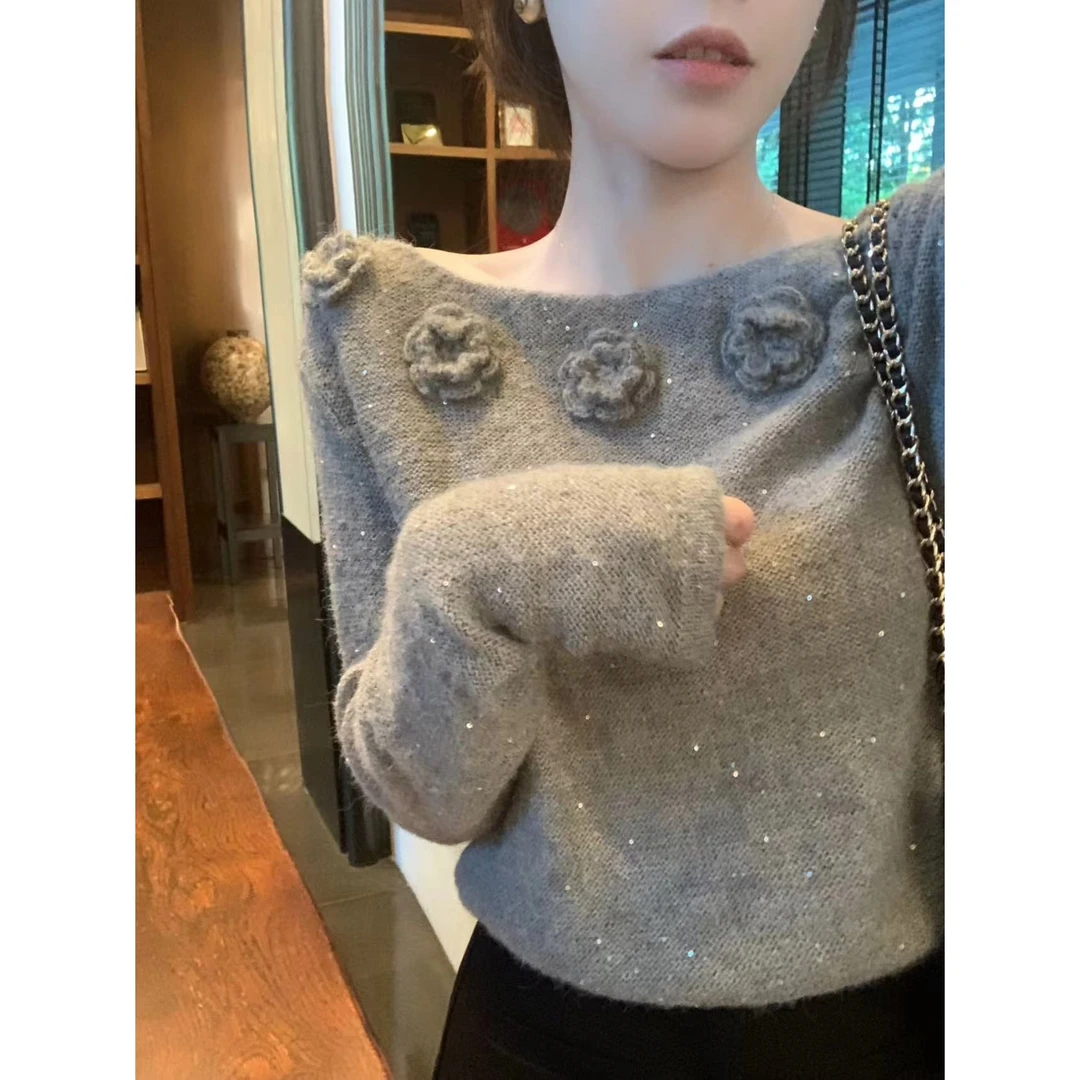 安璃 精致立体花朵亮片细闪毛衣