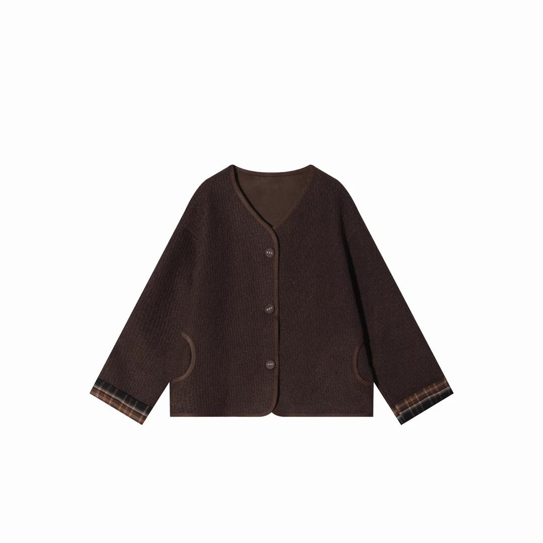 AELE小香V领皮毛一体撞色拼接设计外套  283