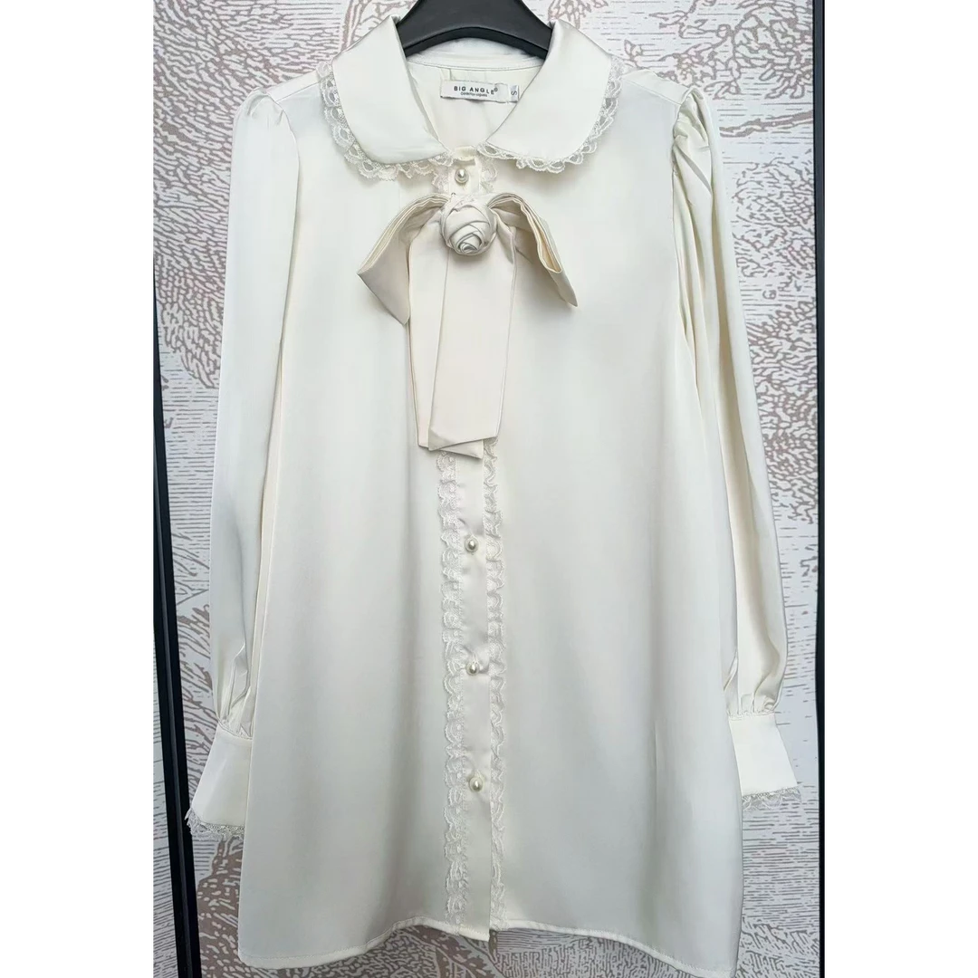 可拆卸山茶花蝴蝶结法式小香风娃娃领衬衫大码女装微胖mm气质上衣