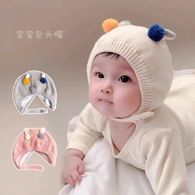 婴儿帽子秋冬可爱超萌球球男女宝宝针织帽加棉婴幼儿毛线护耳帽潮